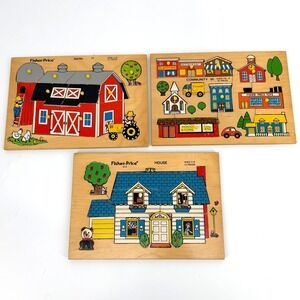 Vintage Fisher-Price Wooden Peg Puzzles Lot 501 502 513 Barn House Community